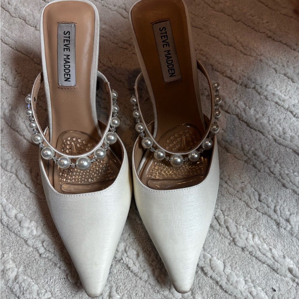 Steve Madden Women's Brecki Ivory Pearl-Embellished Pointed-Toe Mules